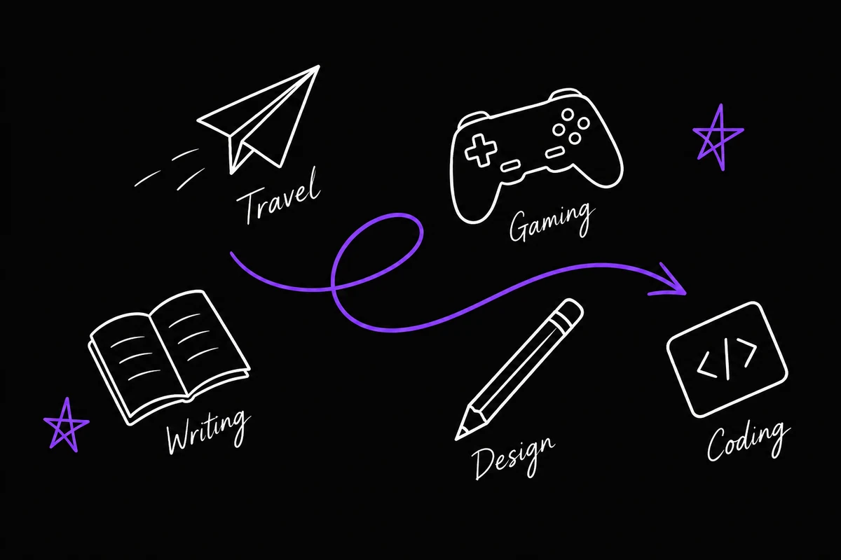 Hand-drawn arrows, stars and playful AI tool symbols